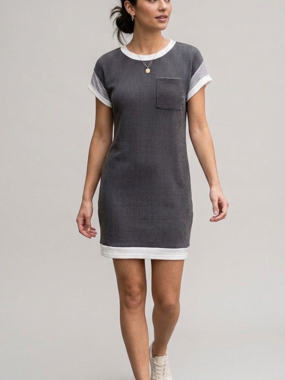 Casual Gray Ribbed Mini Dress with White Trim